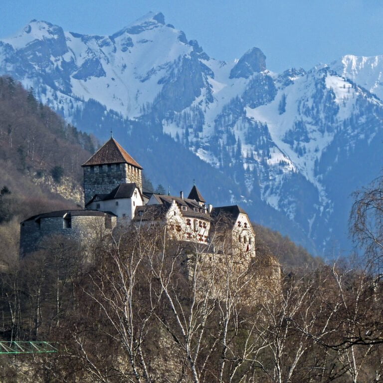 Alt text: A fortified castle with a prominent tower overlooks a leafless forest, with snow-capped mountains rising majestically in the background.