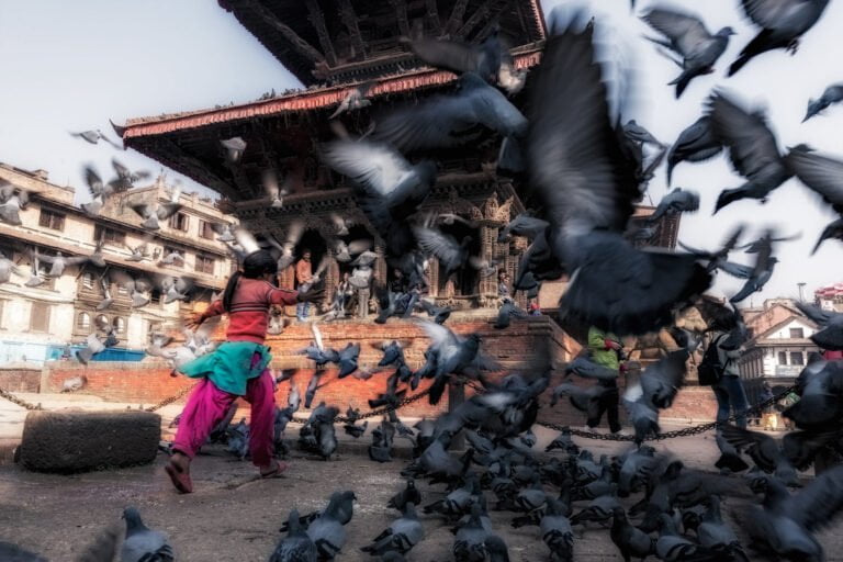 A child in vibrant clothing chases pigeons in a bustling, historic square with ornate temples and traditional architecture in the background.