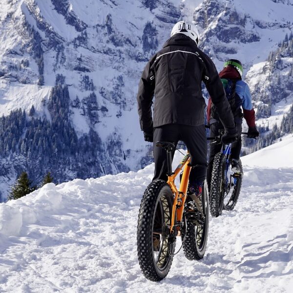 Two cyclists with fat bikes riding on a snowy mountain path with snow-covered trees and peaks in the background.