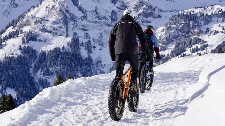 Two cyclists with fat bikes riding on a snowy mountain path with snow-covered trees and peaks in the background.