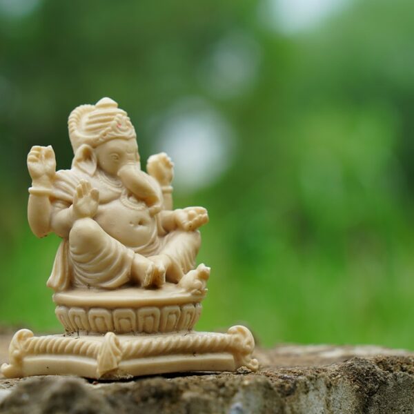 A small ivory-colored figurine of Lord Ganesha placed on a stone surface with a blurred green background.
