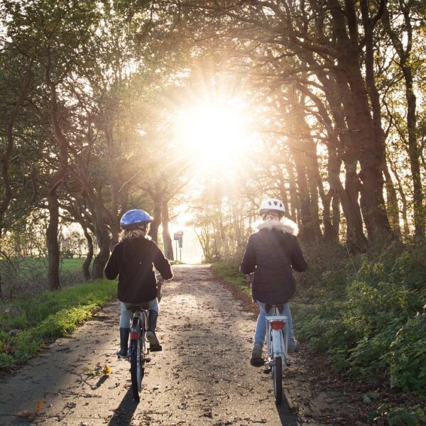 Two individuals wearing helmets cycling on a tree-lined path with the sun setting ahead, creating a bright backlight effect.