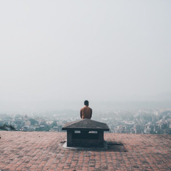 A person sitting on a rooftop overlooking a hazy cityscape.