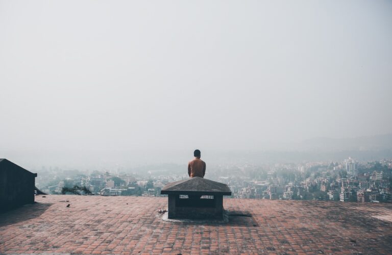 A person sitting on a rooftop overlooking a hazy cityscape.