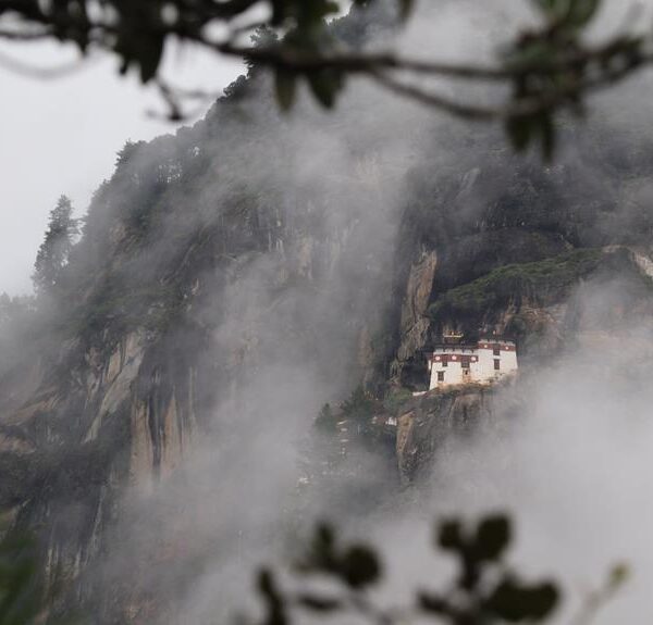 A remote building nestled into the cliffside, partially obscured by mist, with foreground framing by tree branches.