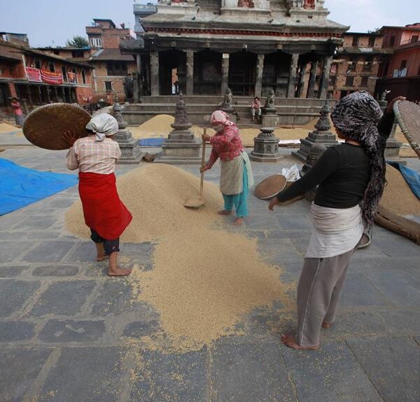 Three women using traditional woven baskets to sift and winnow grain on a stone-paved courtyard in front of an ancient temple with intricate architecture, under a cloudy sky.